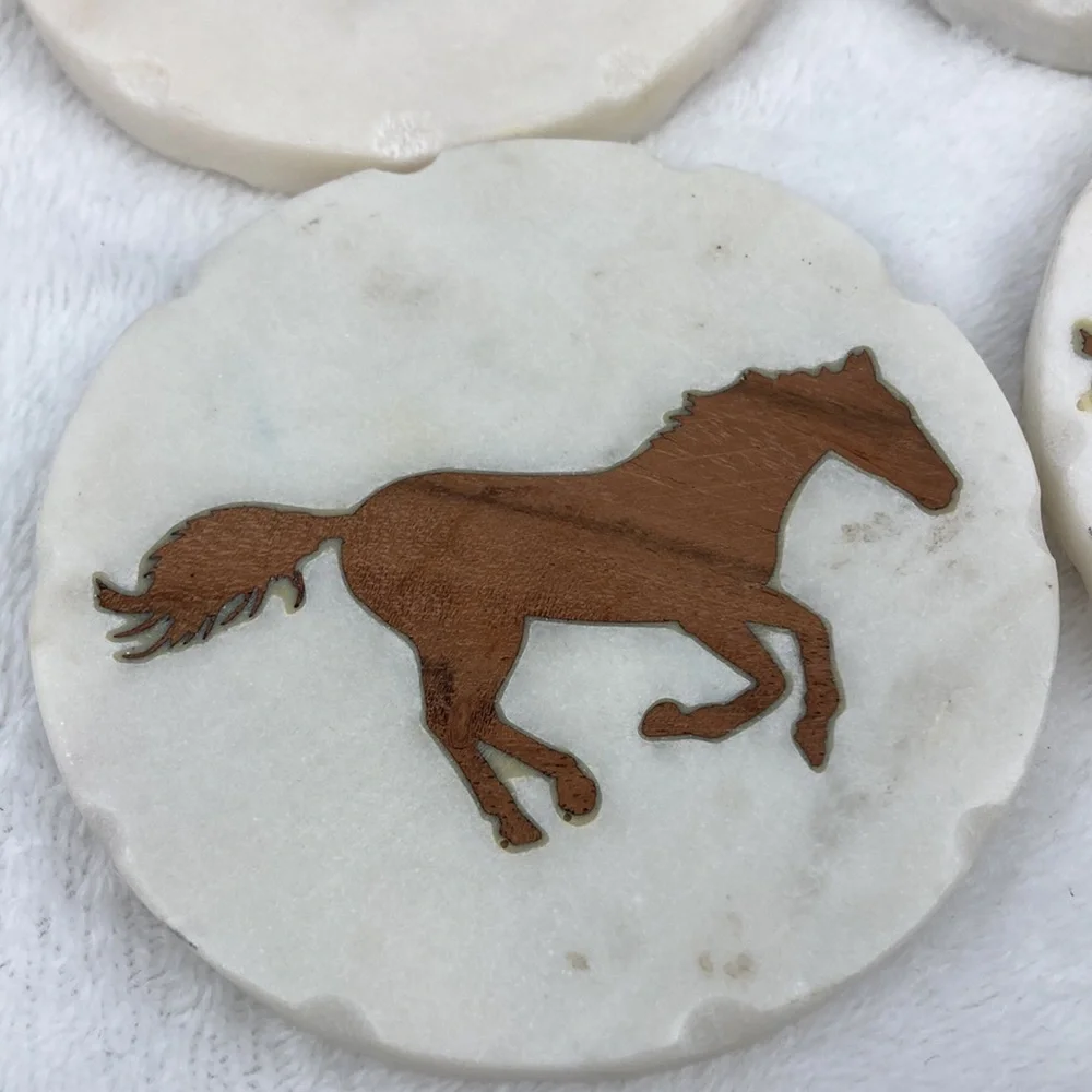 Boot Barn Ranch Wood Horse Inlay Marble Coaster Set of 4